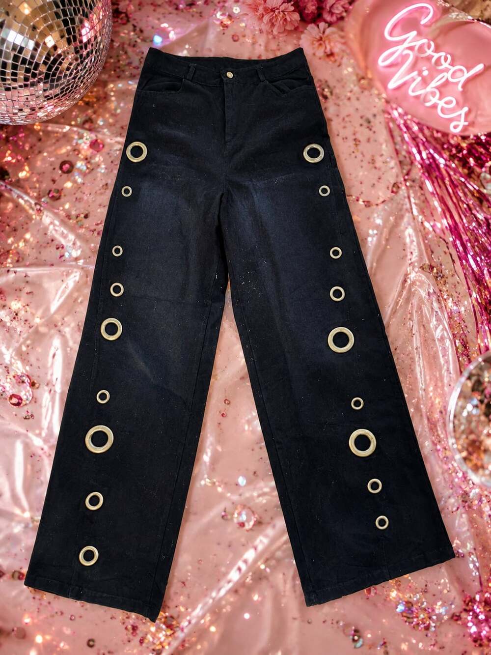 Black Cotton Medium Wide Leg  Cotton Denim Jeans with Metal Eyelet Details